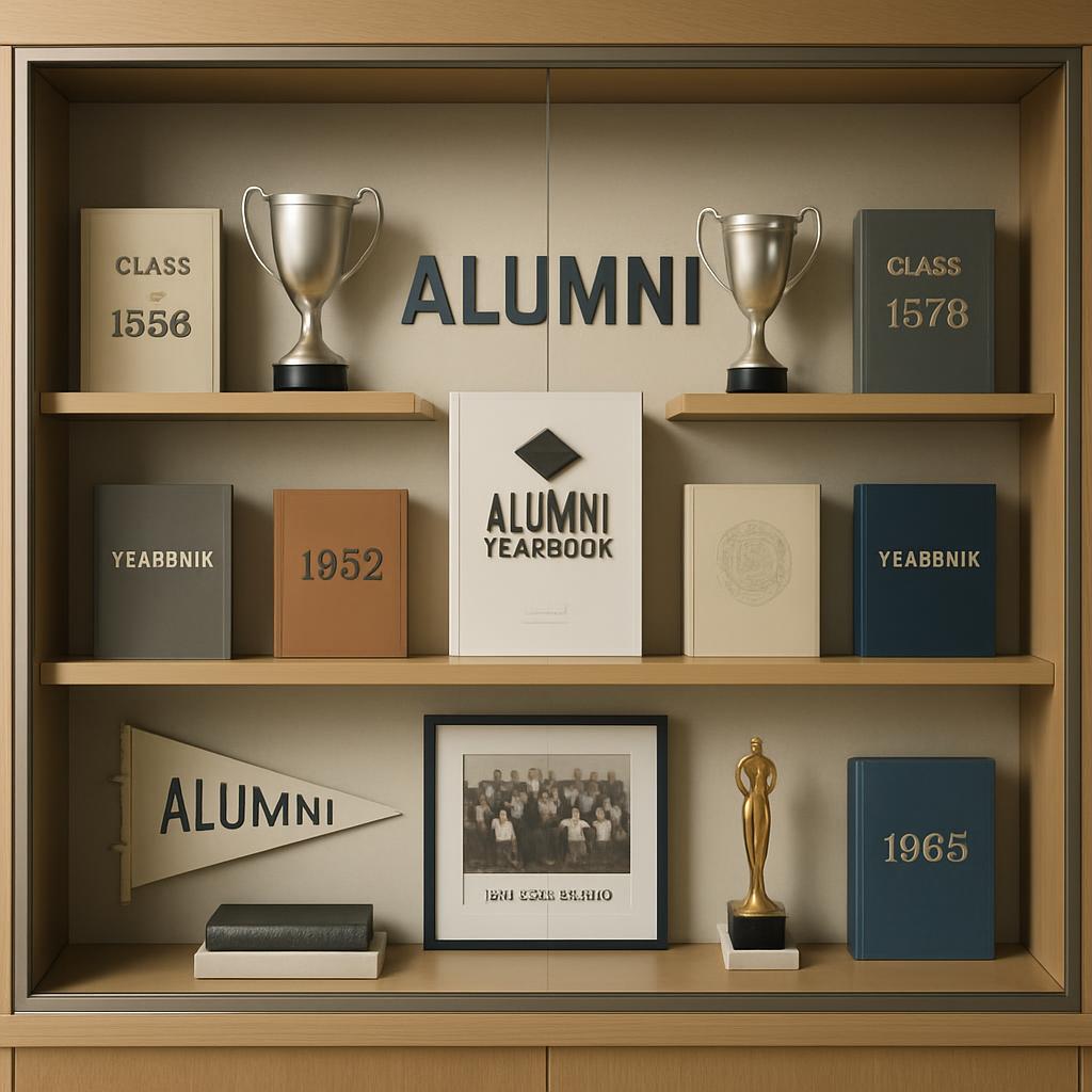 A display case dedicated to showcasing alumni achievements, featuring trophies, yearbooks, and memorabilia from various cl...