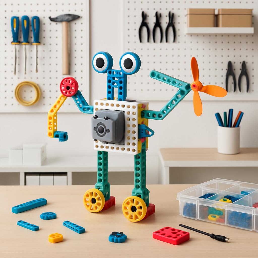 A robot made of building blocks is displayed on a workbench in a workshop, featuring a propeller, large eyes, and arms rai...
