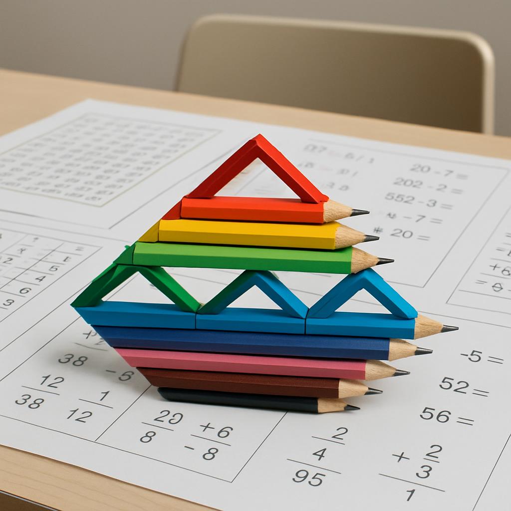 A stack of colorful pencils in the shape of a boat on top of a math worksheet.