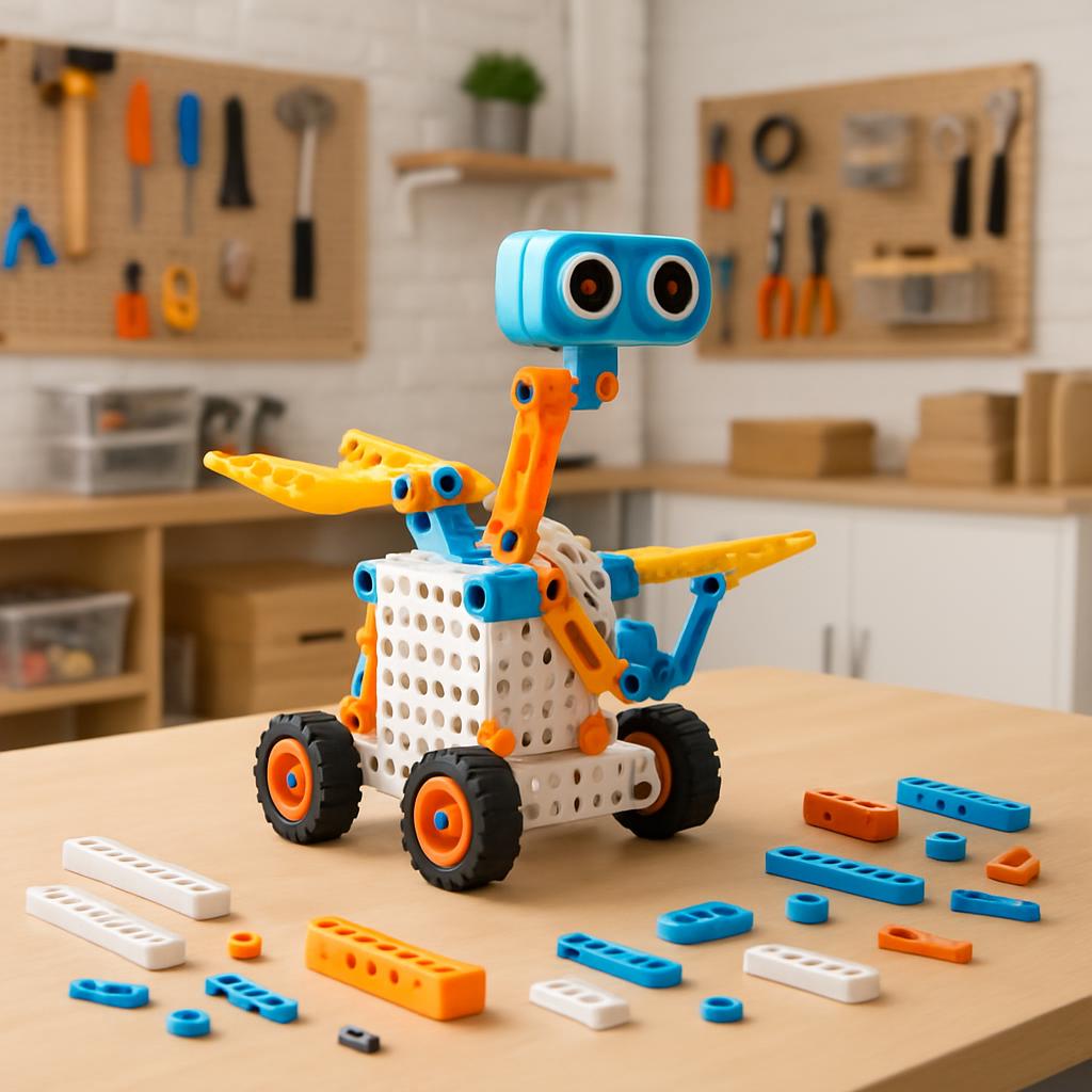 A toy robot constructed from various building blocks sits on a table in a workshop. Gold, orange, white, and blue blocks h...