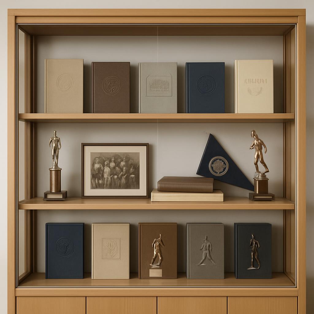 Two bookcases constructed of natural wood, arranged in a symmetrical configuration side-by-side. Each shelf is slanted and...