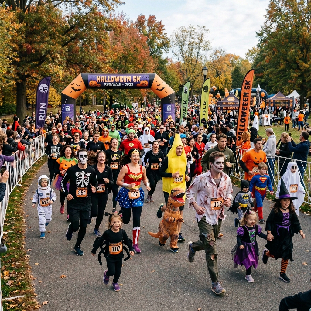 Costumed runners at a Halloween 5K run beneath a 2023 event arch